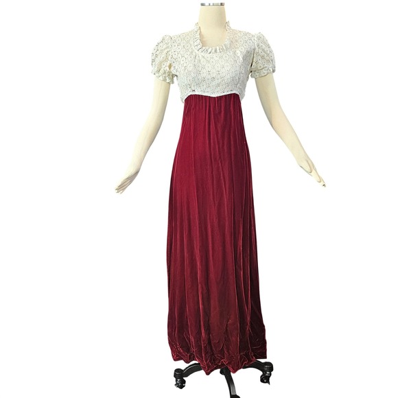 Dresses & Skirts - Vintage 70s Empire Waist Maxi Dress Red Velvet White Lace Regency Core Gown